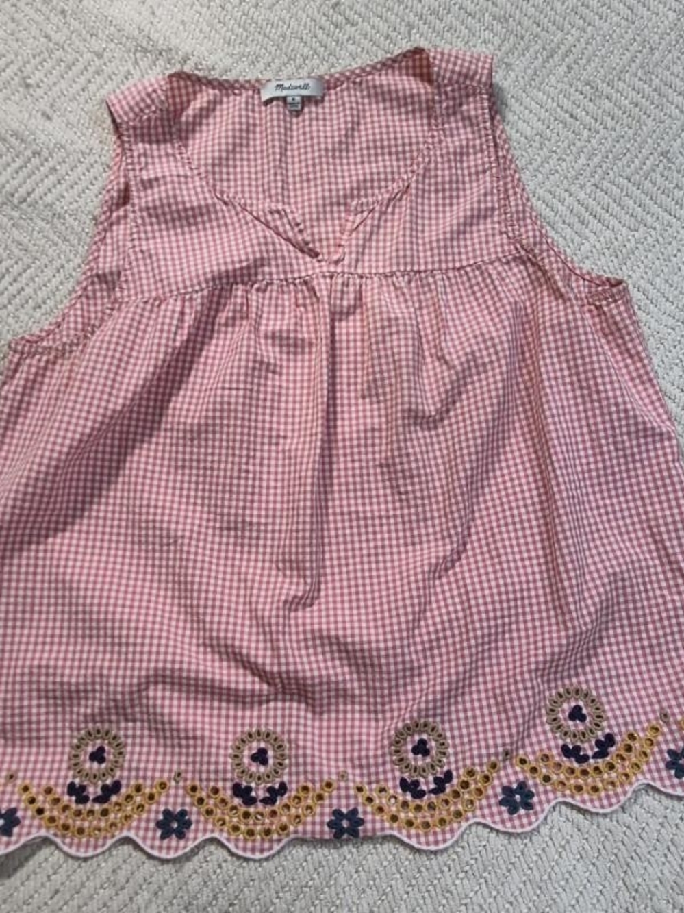 Madewell Pink Gingham Tank with Scalloped Floral Trim